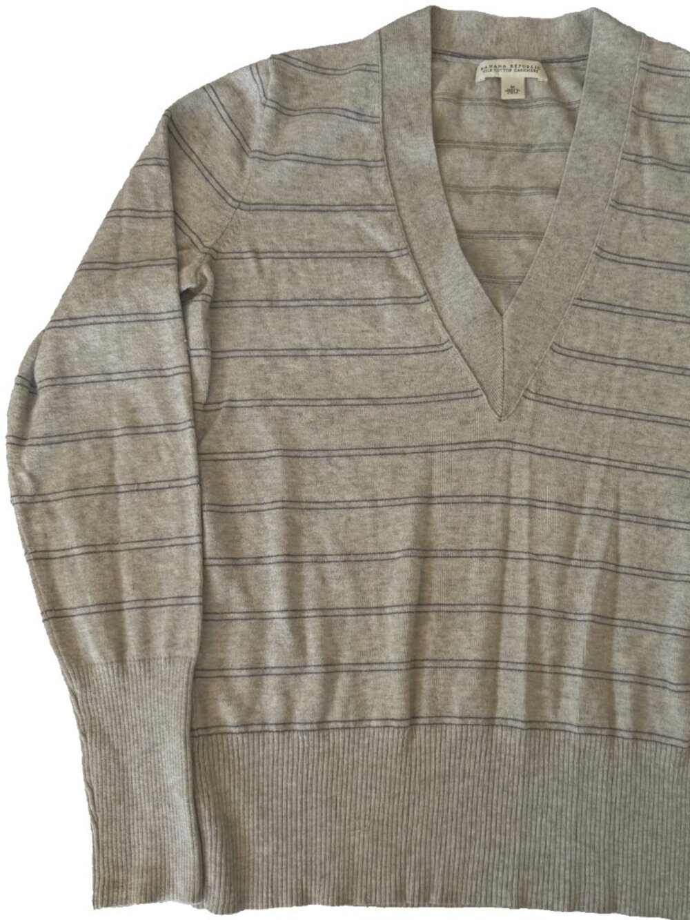 BANANA REPUBLIC GRAY STRIPE SILK COTTON CASHMERE KNIT V NECK SWEATER WOMENS M
